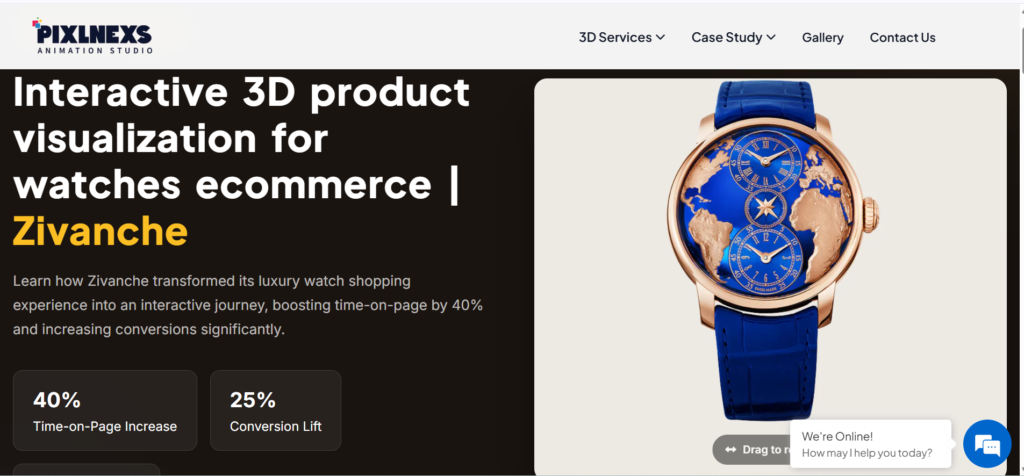 Pixlnexs 3D configurator showing Zivanche watch product, load time test on mobile