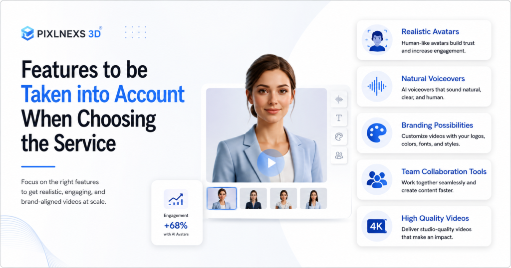 Features to be Taken into Account When Choosing the Service
Realistic Avatars
Natural Voiceovers
Branding Possibilities
Team Collaboration Tools
High Quality Videos

