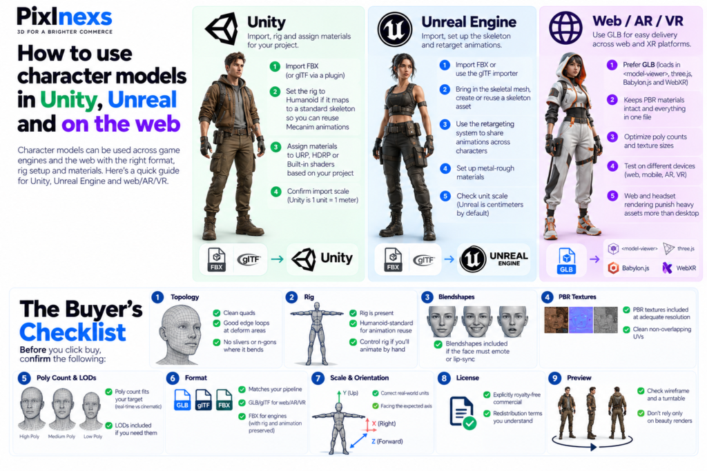 How to use character models in Unity, Unreal and on the web