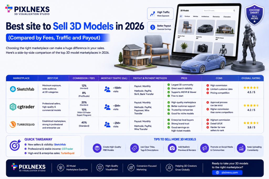 Best site to Sell 3D Models in 2026 (Compared by Fees, Traffic and Payout)