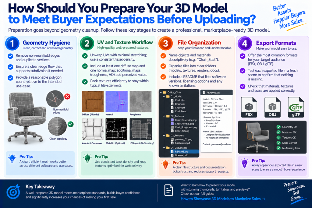 How should you prepare your 3D model to meet buyer expectations before uploading?