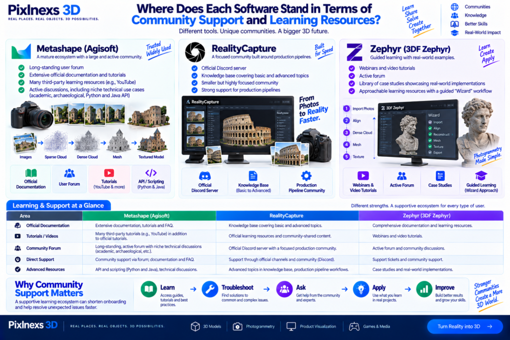 Where does each software stand in terms of community support and learning resources