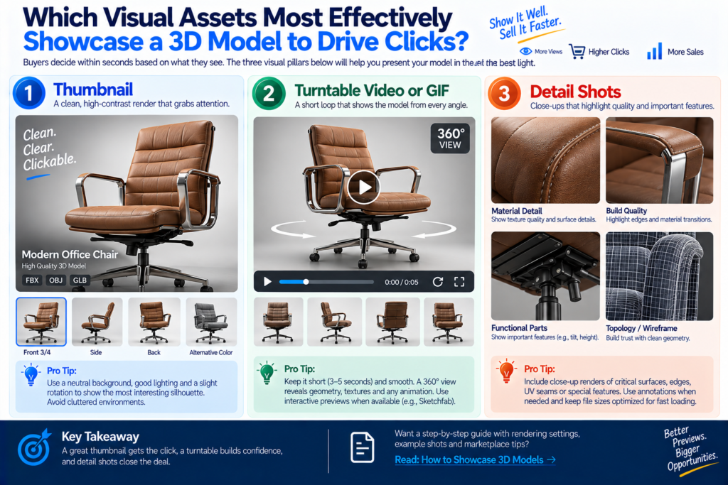 Which visual assets most effectively showcase a 3D model to drive clicks