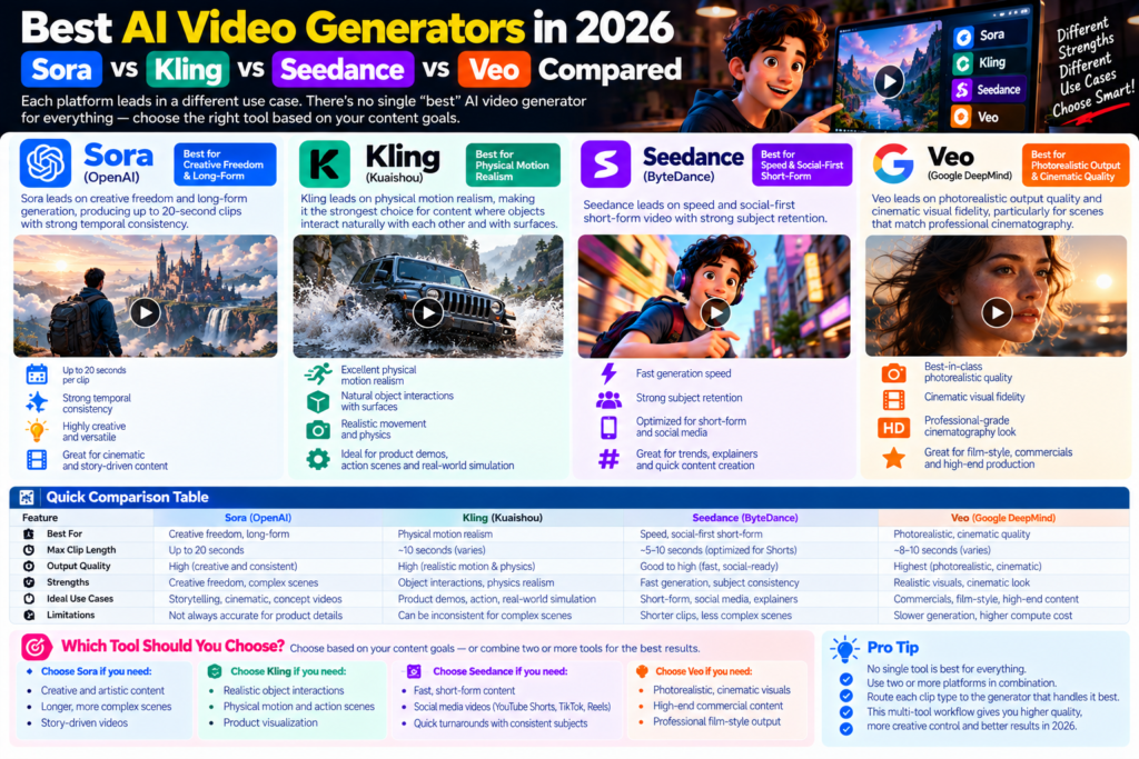 Best AI Video Generators in 2026: Sora vs Kling vs Seedance vs Veo Compared
