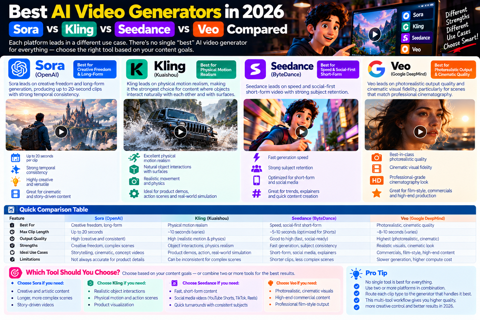 Best AI Video Generators in 2026: Sora vs Kling vs Seedance vs Veo Compared