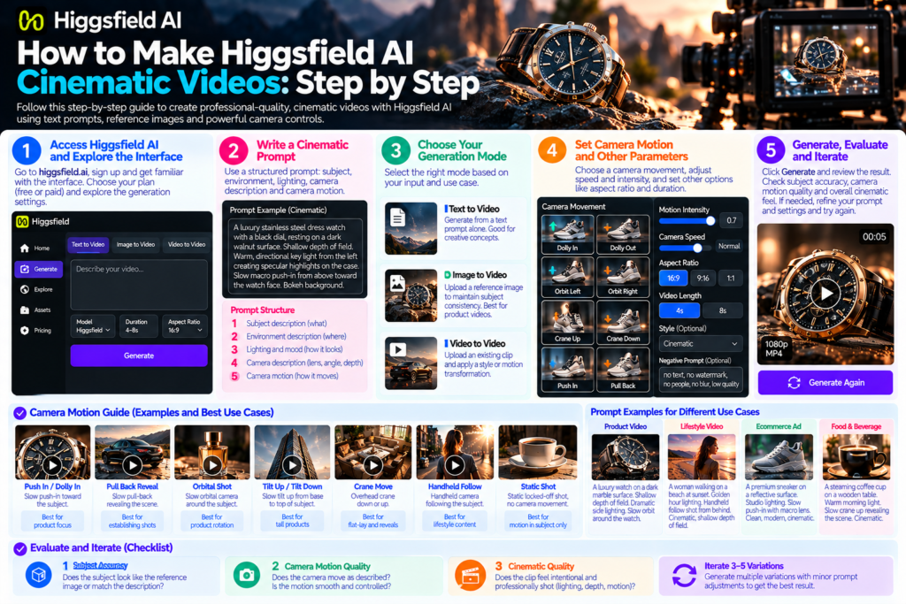 How to Make Higgsfield AI Cinematic Videos: Step by Step
Step 1: Access Higgsfield AI and Understand the Interface
Higgsfield AI is accessed through its web platform at higgsfield.ai. The interface centers on a prompt field with controls for generation parameters model selection, generation mode, optional image upload for reference and style settings.
As of 2026, Higgsfield operates on a credit-based system with a free tier that provides limited monthly generations and paid subscription tiers for higher generation volume. Verify current pricing and tier limits directly on the platform, as these change and the specific numbers at time of publication may differ from the time you read this.
Step 2: Understand the Higgsfield Prompt Structure for Cinematic Output
This is the most important skill for Higgsfield AI. The platform is significantly more responsive to cinematically structured prompts than to simple scene descriptions, because its training data and optimization are oriented toward camera-aware generation.
A well-structured Higgsfield prompt has four components:
Subject description: who or what is in the frame, their appearance, positioning and state. Specific and visual rather than conceptual.
Environment description: where the scene takes place, the lighting quality, the time of day, the mood. Film-like environmental language ("golden hour," "soft window light," "dramatic side lighting," "minimalist studio environment") tends to produce better results than generic descriptors.
Camera description: the lens type or focal length behavior (wide, telephoto, macro), the camera position (low angle, eye level, overhead) and the depth of field (shallow focus, deep focus, rack focus).
Camera motion: the specific movement (slow push-in, pull-back reveal, orbital tracking shot, tilt up, handheld follow, static locked-off, overhead crane descent). This is the component most unique to Higgsfield and most important for distinguishing its output from other platforms.
Example of a weak prompt:
A luxury watch on a wooden table
Example of a cinematically structured Higgsfield prompt:
A luxury stainless steel dress watch with a black dial, resting on a dark walnut surface. Shallow depth of field. Warm, directional key light from the left creating specular highlights on the case. Slow macro push-in from above toward the watch face. Bokeh background.
The second prompt produces a clip that feels like it was shot by a professional product filmmaker. The first produces something generic.
Step 3: Choose Your Generation Mode
Higgsfield offers multiple generation modes depending on your input:
Text-to-video: generate from a text prompt alone. Best for scenes where you have a clear visual concept but no reference image. Results vary more than with image reference.
Image-to-video: upload a reference image and describe the motion and camera work to apply to it. This mode is significantly more consistent for subject appearance across frames the subject maintains its appearance from the reference image rather than being generated probabilistically. For product content specifically, this mode is the strongest choice: photograph the product, upload the image and use the prompt to describe the cinematic camera move around it.
Video-to-video: upload an existing clip and apply a style, motion extension or transformation. Useful for adding cinematic motion characteristics to a straightforward reference clip.
For ecommerce brands, the image-to-video mode is the recommended starting point it combines the visual accuracy of a real product photograph with the cinematic motion generation that Higgsfield specializes in.
Step 4: Craft Your Camera Motion Prompt
Camera motion description is Higgsfield's unique strength and the component that most directly determines output quality. Use specific, film-industry language rather than vague directional instructions:
Camera Move
Higgsfield Prompt Language
Best For
Push-in / Dolly in
"slow push-in toward the subject" / "cinematic dolly toward"
Hero reveals, product focus, emotional emphasis
Pull-back reveal
"slow pull-back revealing the full scene" / "crane pull-back"
Context reveals, product-in-environment establishing shots
Orbital / Arc shot
"slow orbital camera moving clockwise around the subject"
Product rotation, 360-degree showcase
Tilt up / Tilt down
"slow tilt up from base to top of subject"
Height reveal, tall product showcase
Overhead crane descent
"overhead camera descending slowly toward subject"
Flat-lay animation, packaging reveal
Handheld follow
"intimate handheld camera following the subject"
Lifestyle content, authentic brand feel
Static locked-off
"static locked-off shot, no camera movement"
Motion in subject only, minimal background movement
Step 5: Generate, Evaluate and Iterate
Generate the first clip and evaluate it against three criteria before deciding whether to iterate:
Subject accuracy: does the subject look like the reference image or match the description? Subject drift where the subject's appearance changes during the clip is a common failure mode in AI video generation. If it is significant, try image-to-video mode with a tighter subject description.
Camera motion quality: does the camera move as described? Is the motion smooth and controlled, or does it feel random or inconsistent? Higgsfield's motion control is its primary strength if the motion is not right, refine the camera motion prompt language before changing anything else.
Cinematic quality: does the clip feel like it was shot with intention? Look at the light quality, the depth of field behavior and whether the motion timing feels deliberate or mechanical.
Iteration is faster than trying to get a perfect result on the first generation. Generate three to five variations with minor prompt adjustments before making significant prompt changes.